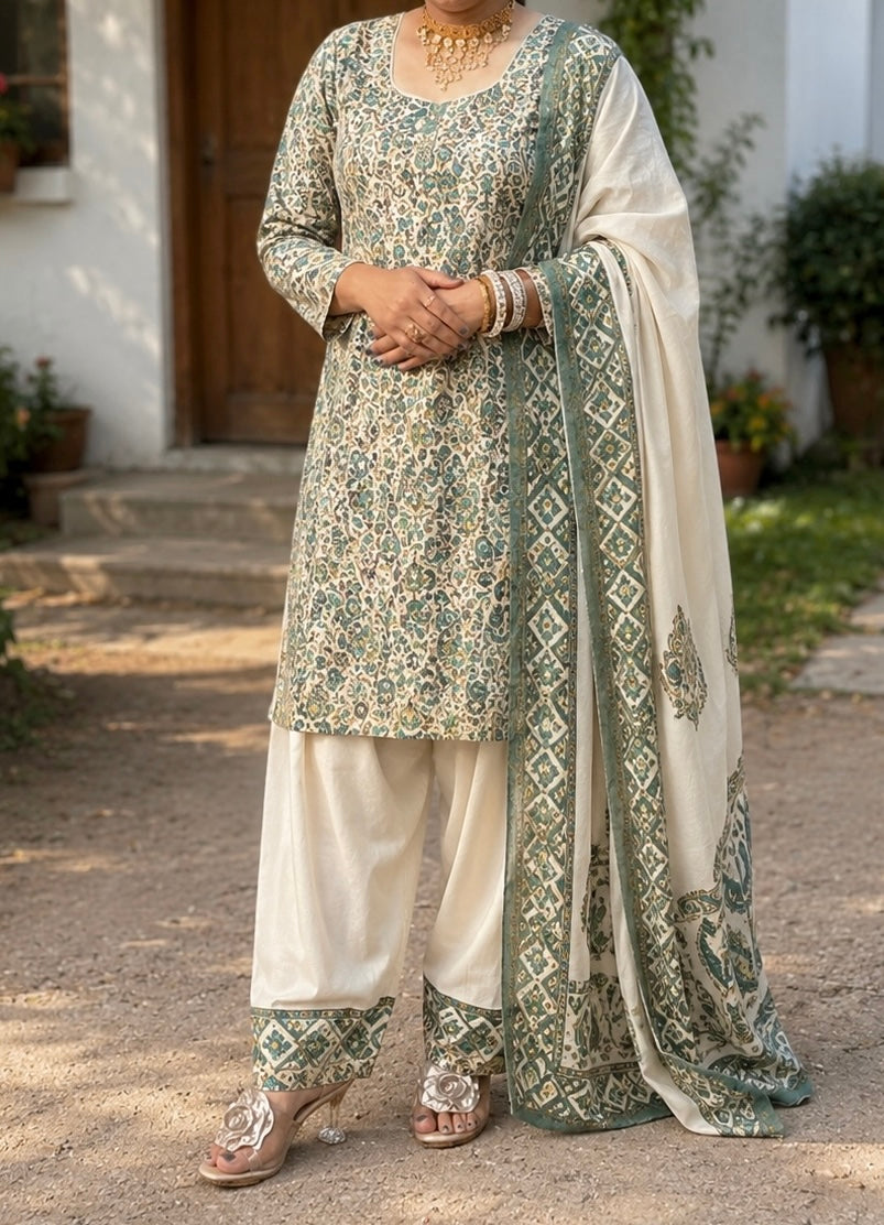 Farshi Punjabi Suit Green and White