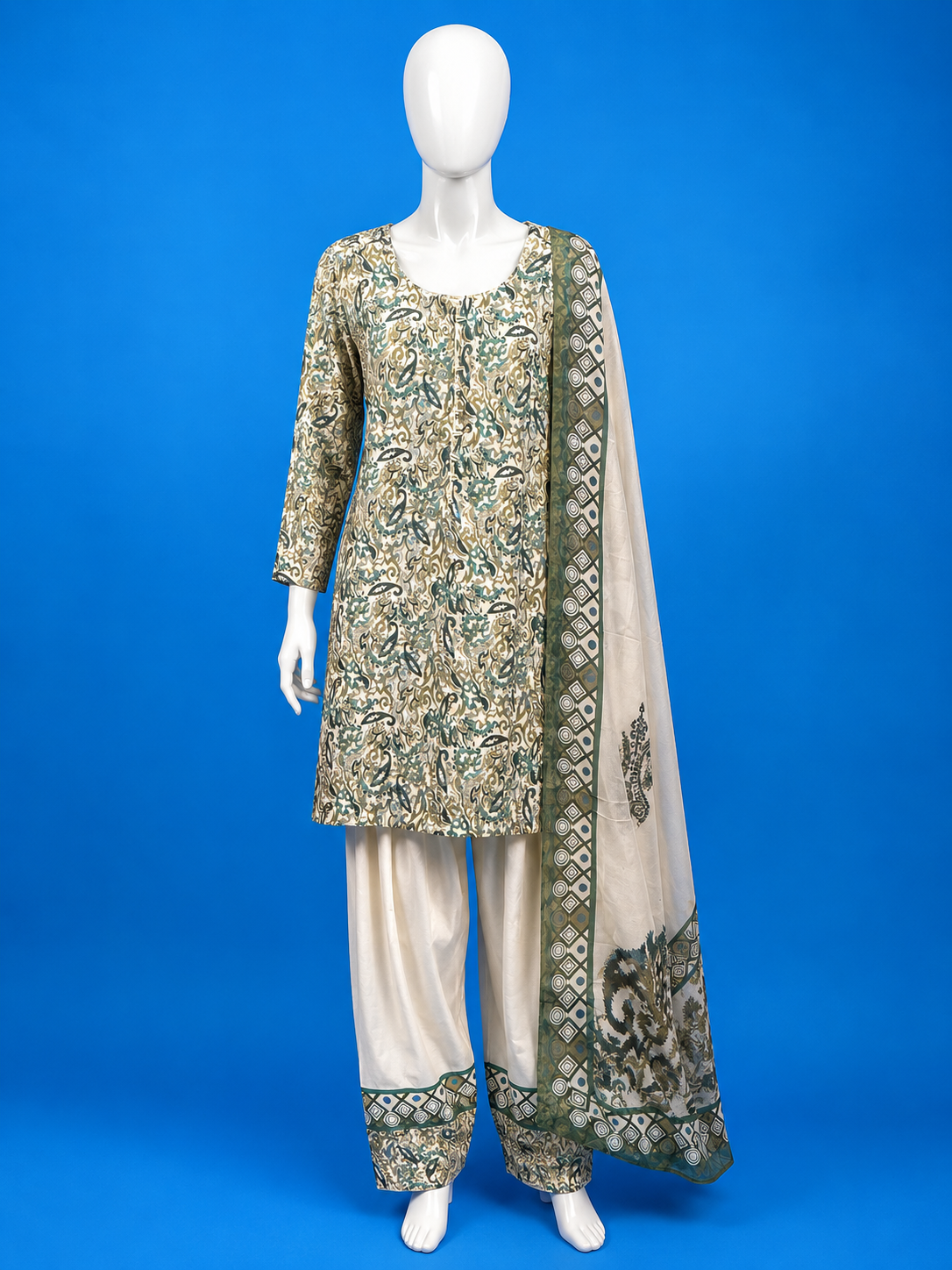 Farshi Punjabi Suit Green and White